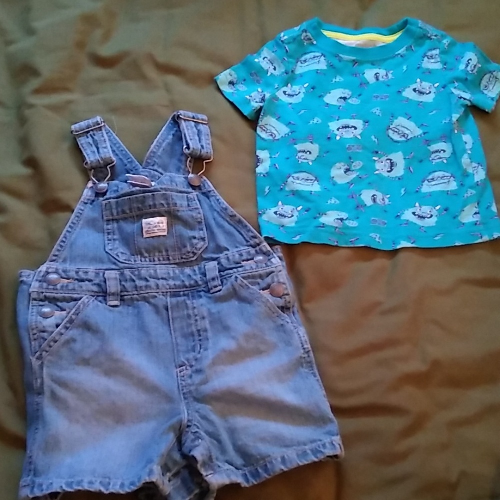 Jean short overalls and a cotton t-shirt